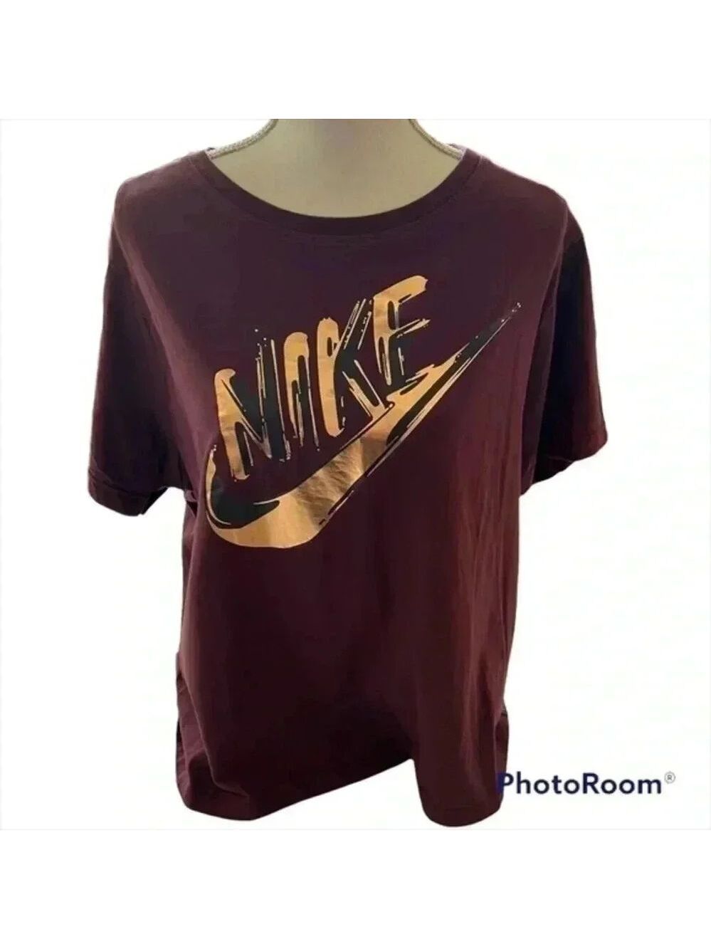 Nike Womens Metallic Gold Graphics Brown Long Sleeve Tee T-Shirt Medium - Picture 2 of 9